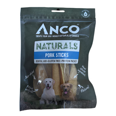 Anco Naturals Pork Sticks packaging for dogs on a white background