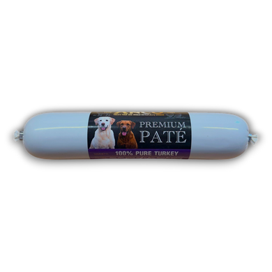Dog food pate package with two dogs on a white background