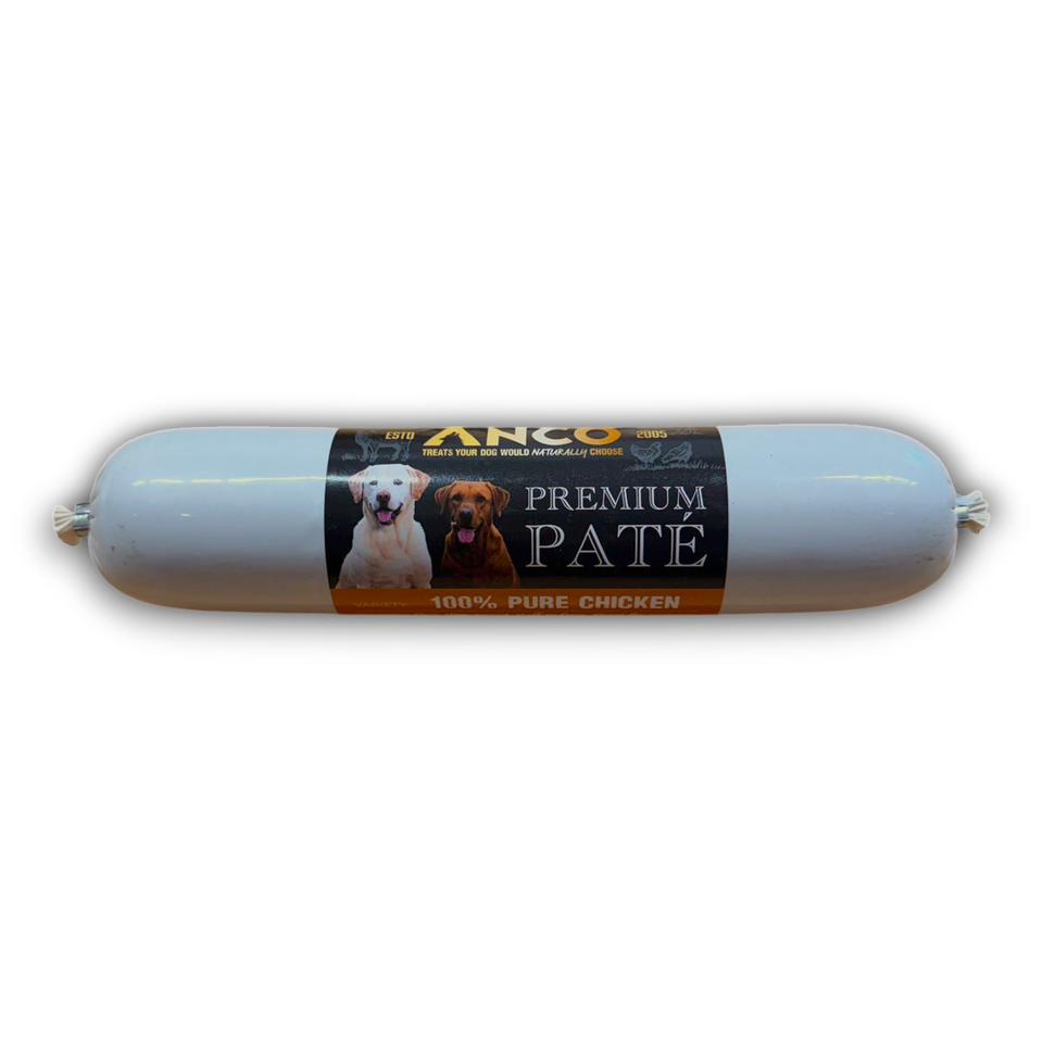 Dog food product labeled 'Anco Premium Pate' on a white background
