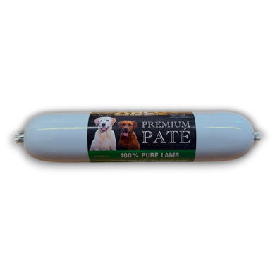 Dog food product labeled 'Premium Pate 100% Pure Lamb' with images of two dogs on a white background