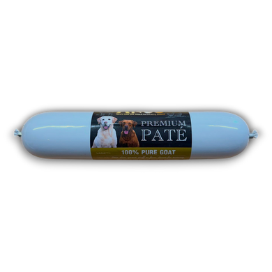 Blue package of 'Premium Pate' with a label featuring two dogs on a white background