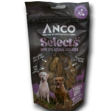 Anco Selects dog treat package with images of dogs and text on a white background