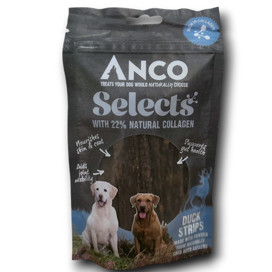 Anco Selects duck strips dog treat package on a white background