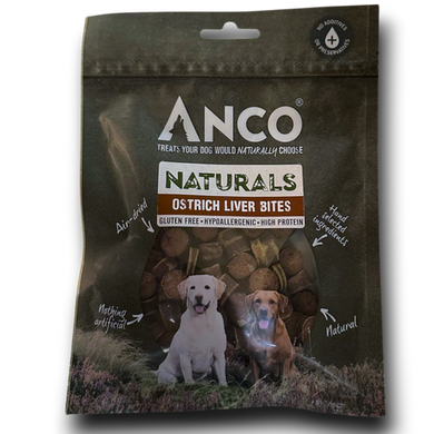 Anco Naturals Ostrich Liver Bites packaging for dogs on a white background