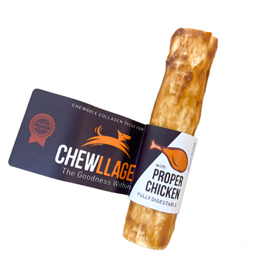 A 5-inch Chewllagen Chicken Roll dog treat, partially dipped in chicken, with packaging branding visible.