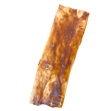 A beef-flavored dog treat shaped like a chip, with a rough, textured appearance.