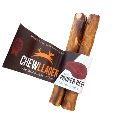 Two Chewllagen Beef Roll dog treats are displayed with packaging that emphasizes the product's natural and beneficial aspects for dogs' health.
