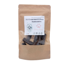 Load image into Gallery viewer, Bag of gourmet liver sausages with a label on a white background
