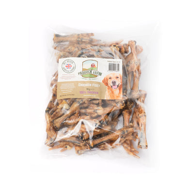 Packaged chicken feet in a clear plastic bag with branding and product information displayed on the label.