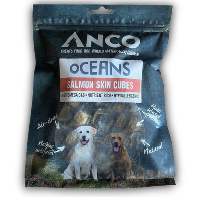 Anco Oceans Salmon Skin Cubes dog treat package with two dogs on a white background