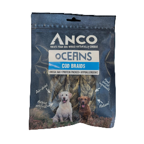 Anco Oceans Cod Brans dog food package with two dogs on a white background