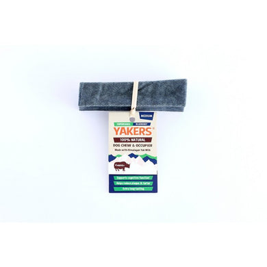 A packaged Yakers dog chew treat, made with Himalayan Yak Milk, in blue color, suitable for dogs over 4 months old.