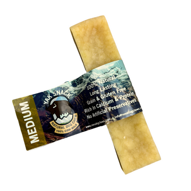 Packaging of a medium-sized Himalayan Dog Chew snack, which is a natural cheese product for dogs.