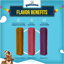 Load image into Gallery viewer, Yakchoo flavor benefits chart with three flavors: Peanut Butter, Strawberry, and Blueberry, on a blue background.
