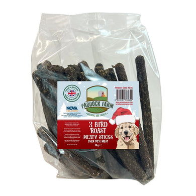 Pack of Paddock Farm 3 Bird Roast Meaty Sticks for dogs with a clear packaging showing the product inside.