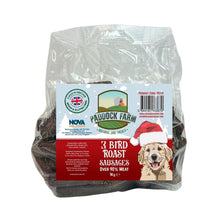 Load image into Gallery viewer, Bag of Paddock Farm 3 Bird Roast Sausages for dogs with a label on a white background
