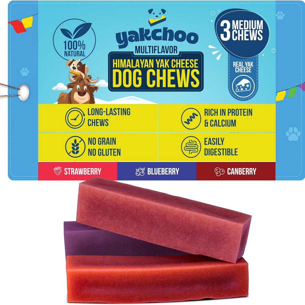 Yakchoo Himalayan Yak Cheese Dog Chews packaging with two chew bars on a white background