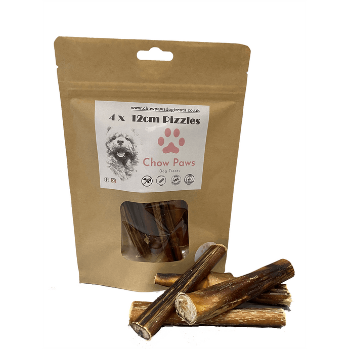 Package of Chow Paws dog treats with two dizzles in front on a white background