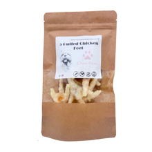 Load image into Gallery viewer, Package of puffed chicken feet for dogs with a label on a white background
