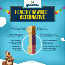 Load image into Gallery viewer, Advertisement for yakchoo healthy rawhide alternative with a dog toy and text on a blue background.
