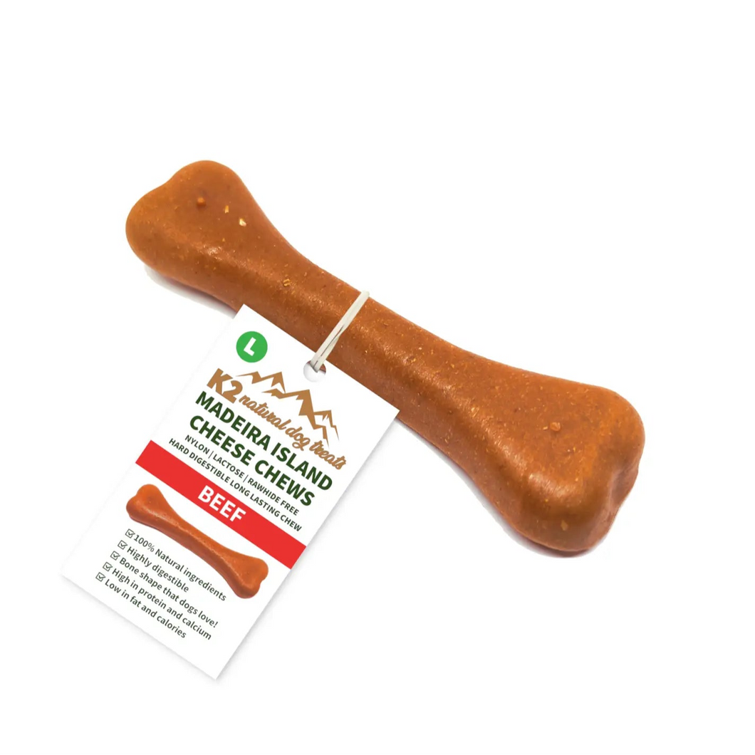 Dog chew treat with a label on a white background