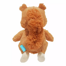 Load image into Gallery viewer, A plush toy camel in a warm brown color, shown from the back against a solid white background. It has small ears, soft fuzzy texture, and light beige feet with a small blue tag attached.
