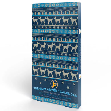 An advent calendar for dogs featuring a pattern of ostriches on a blue background, with the brand logo 'JR' prominently displayed.