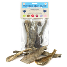 Load image into Gallery viewer, A package of 'Ostrich Skin Slice' dog treats by the brand 'jf' (Jufree), shown in a clear plastic bag with the packaging header card visible, with several slices displayed in front on a white background.
