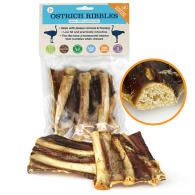 Packaging of JR Ostrich Ribbles with individual ribbles visible, showcasing the product as air-dried ostrich meat with no additives.