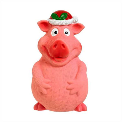 A plastic dog toy in the shape of a smiling pig wearing a Santa hat.