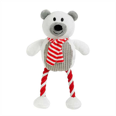 A plush polar bear dog toy with rope legs and a festive scarf.