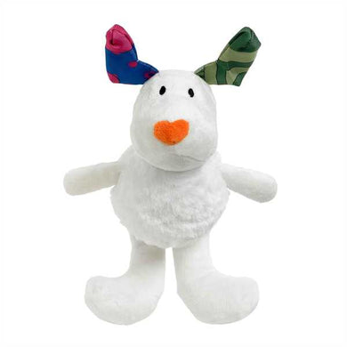 A plush white dog toy designed to resemble a snowman with a green and red scarf, standing upright.