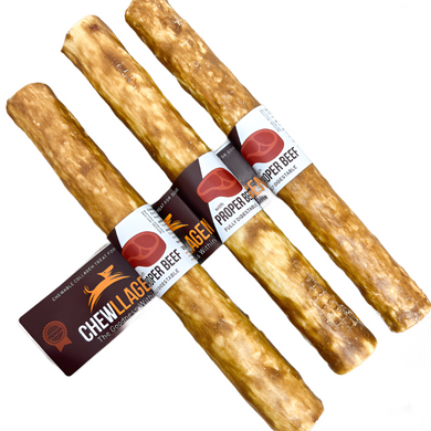 A pack of Chewllagen Beef Rolls, dog treats, with visible text indicating the brand and type of treat.