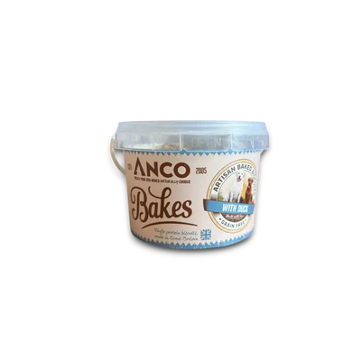 Anco Bakes dog food container with label on a white background