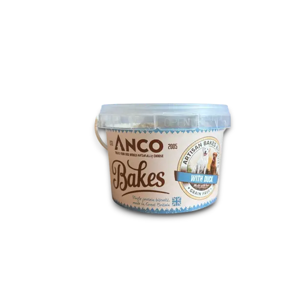 Anco Bakes dog food container with label on a white background