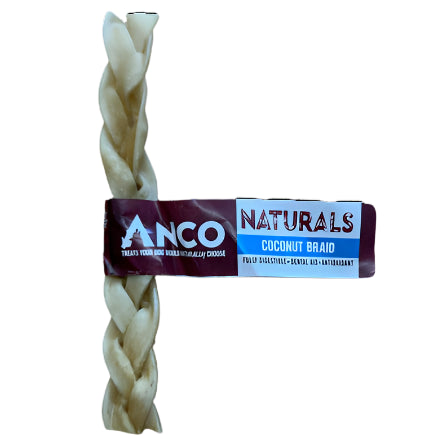 Coconut braid treat Anco Naturals Beef Coconut Braid for pets with Anco Naturals packaging on a white background