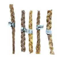 Load image into Gallery viewer, Five braided dog treats with visible brand labels on a white background
