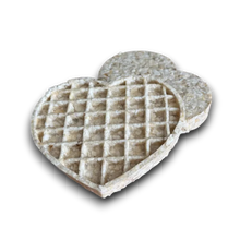 Load image into Gallery viewer, A heart-shaped waffle with pattern on the front and a smooth circular base, shown on a plain white background.

