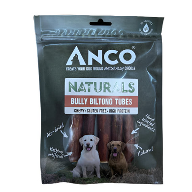 Anco Naturals Bully Biltong Tubes packaging with two dogs on a white background