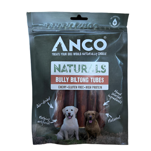 Anco Naturals Bully Biltong Tubes packaging with two dogs on a white background