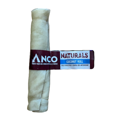 Coconut roll treat for dogs with Anco Naturals label on a white background