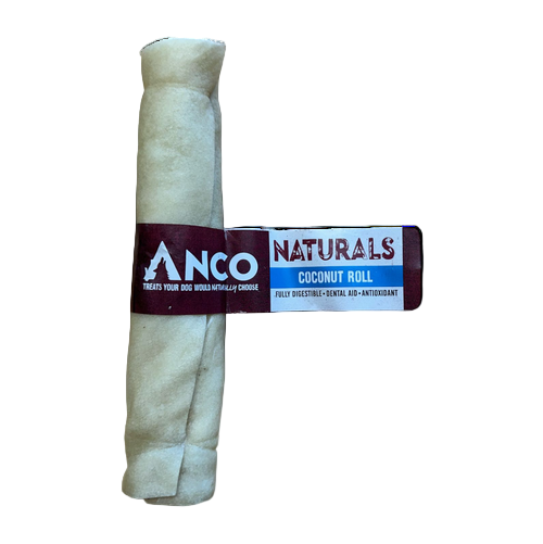 Coconut roll treat for dogs with Anco Naturals label on a white background