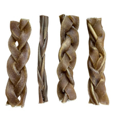 Load image into Gallery viewer, Four braided dog treats of different sizes on a white background
