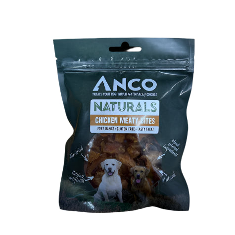 Bag of Anco Naturals Chicken Meaty Bites dog treats on a white background