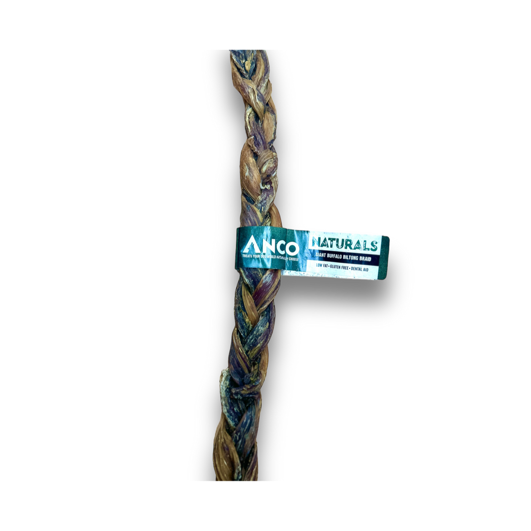 Dog chew with braided design and Ancor Naturals label on a white background