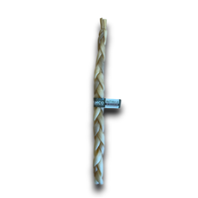 Load image into Gallery viewer, A natural braided dog chew rope with a blue and white paper band label in the center, isolated on a white background.
