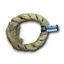 Load image into Gallery viewer, Dog chew toy made of braided leather with a label on a white background

