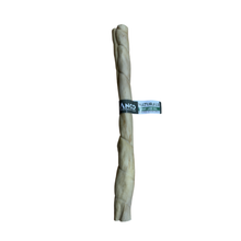 Load image into Gallery viewer, A natural dog chew bone, likely beef or lamb, with a twisted spiral texture, shown vertically on a plain white background with a black and white brand tag wrapped around the middle.
