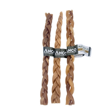 Load image into Gallery viewer, Three braided dog treats with Ancan brand labels on a light blue background
