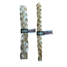 Load image into Gallery viewer, Two braided dog chew toys made of natural cowhide, labeled with black ANCO NATURALS tags, shown on a plain white background.
